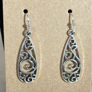 2/$20 Silver tone long thin water droplet filigree hook earrings